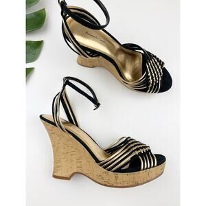 Amanda Smith Resort Platform Wedge Heel Sandals Black Gold Strappy Women's 8.5